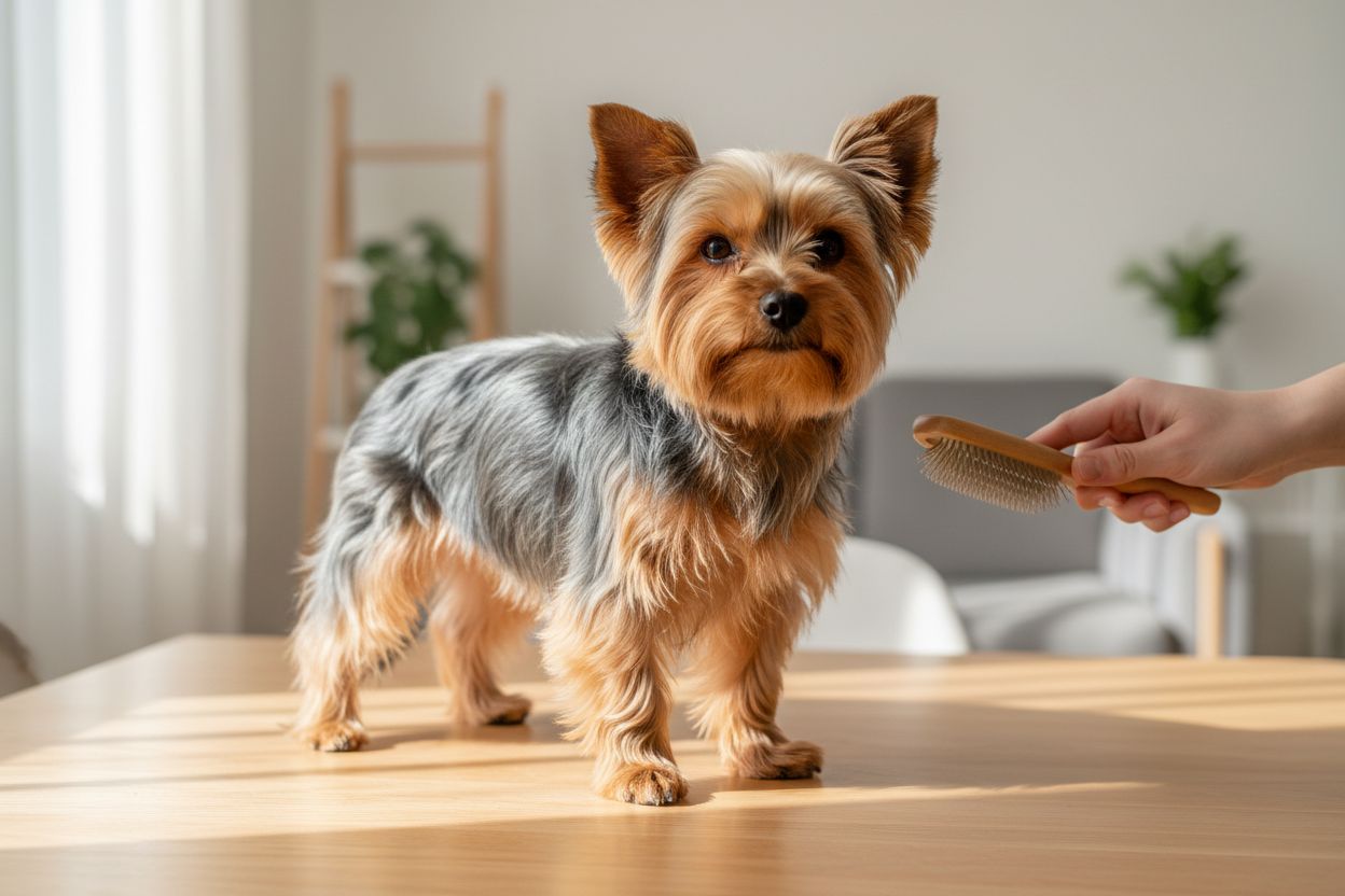 Yorkshire Terrier brossé sur une table, son long poil soyeux peigné à la brosse douce