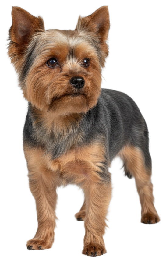 Yorkshire Terrier adulte debout de trois quarts, poil bleu acier et feu, détouré sur fond transparent