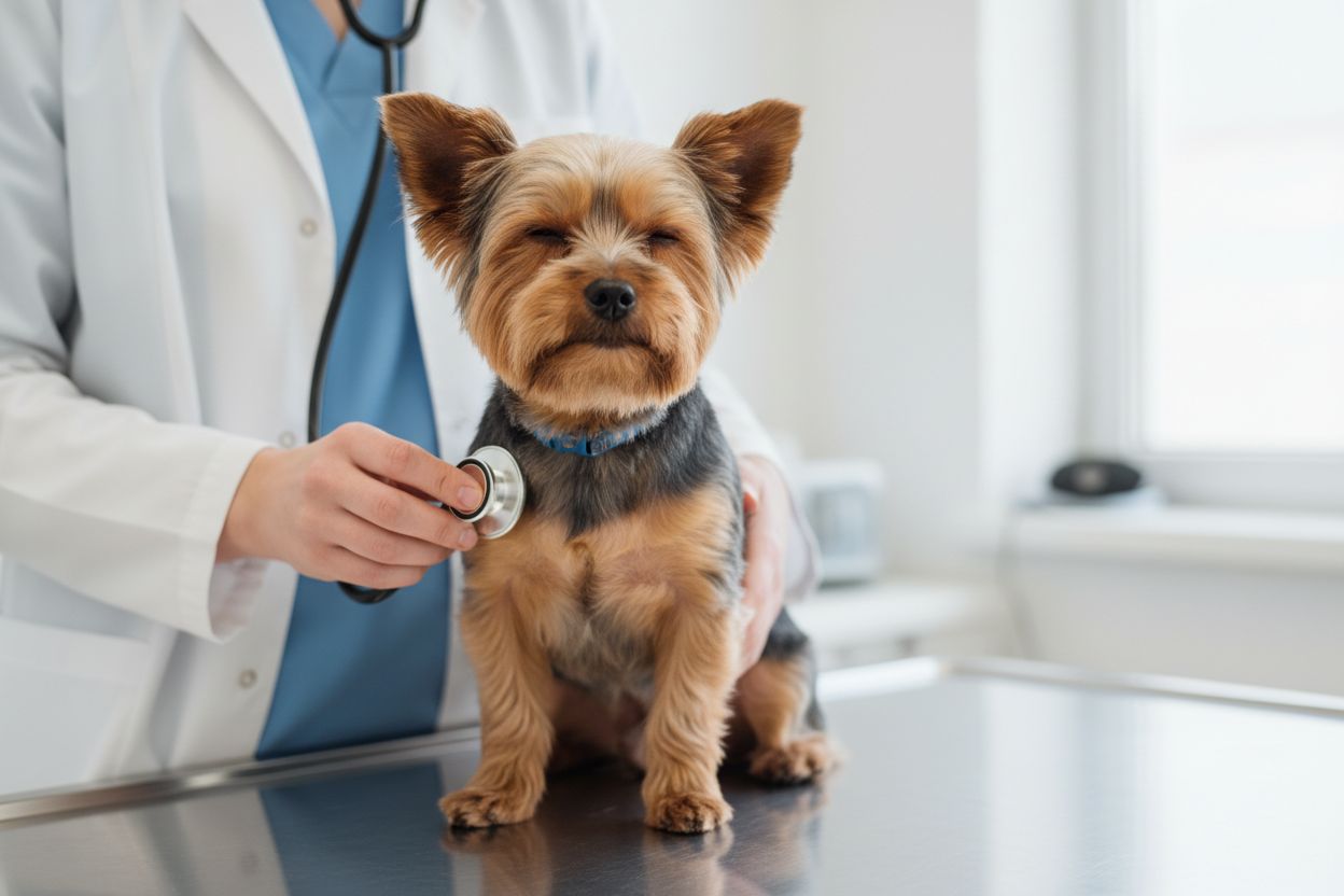 Yorkshire Terrier ausculté au stéthoscope par un vétérinaire sur une table d'examen