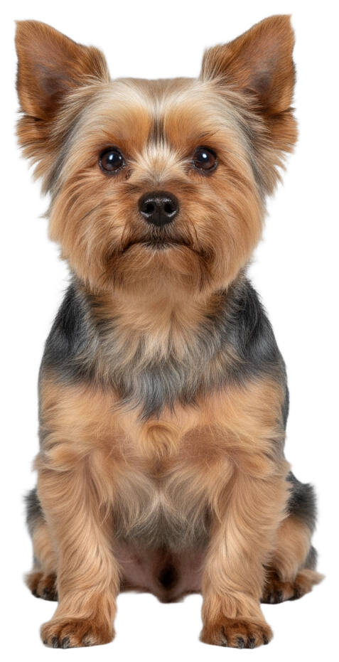 Yorkshire Terrier assis de face, détouré sur fond transparent