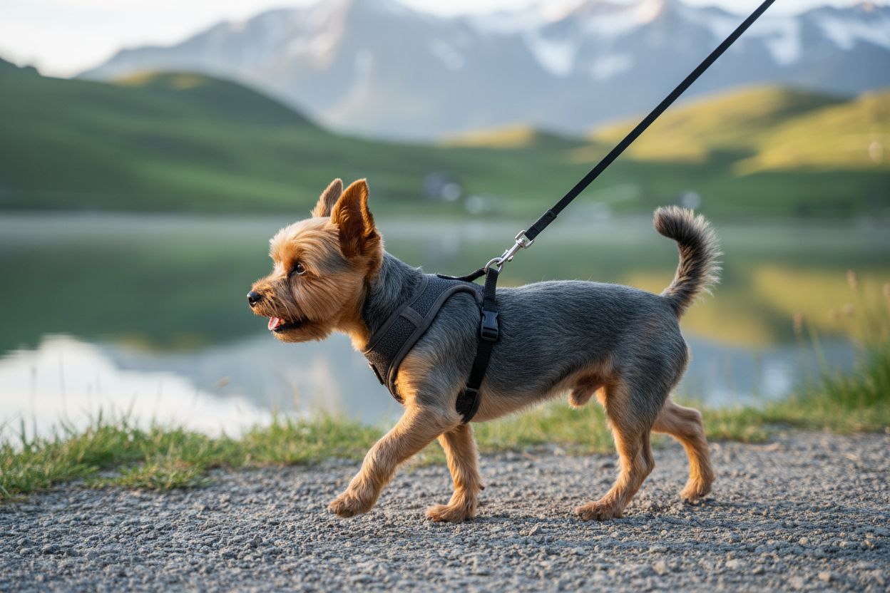 Yorkshire Terrier en promenade au bout d'une laisse, trottant sur un chemin au bord d'un lac